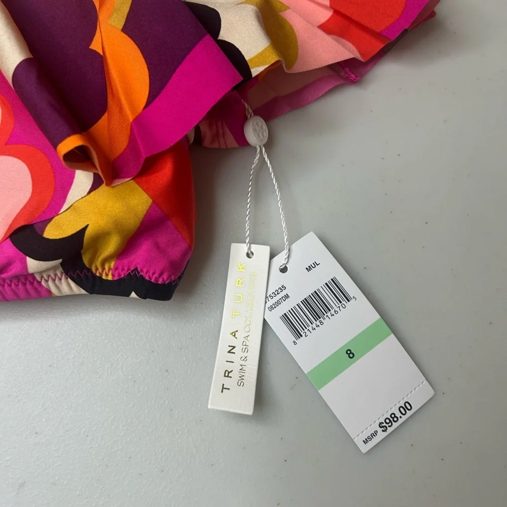 Trina Turk Fan Faire Off The Shoulder Ruffle Bandeau Swim Top Size 8 NWT - Picture 3 of 6